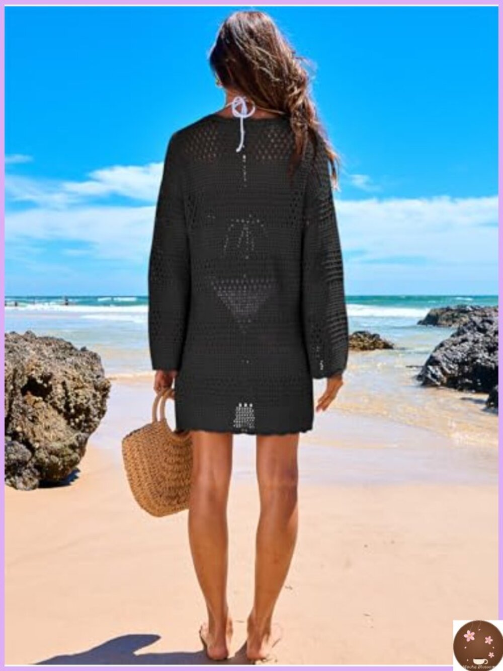 Crochet Knit Swim Cover Up Dress Long Sleeve Beach Vacation Outfit - Picture 4 of 6